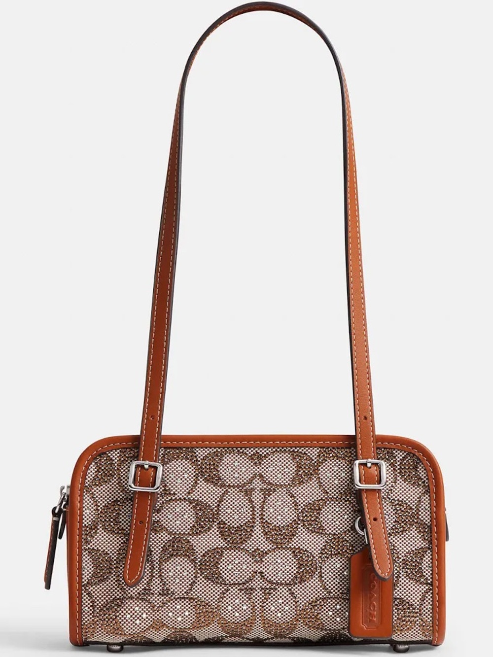 Coach Brown Signature Jacquard Shoulder Bag with Tan Leather Trim